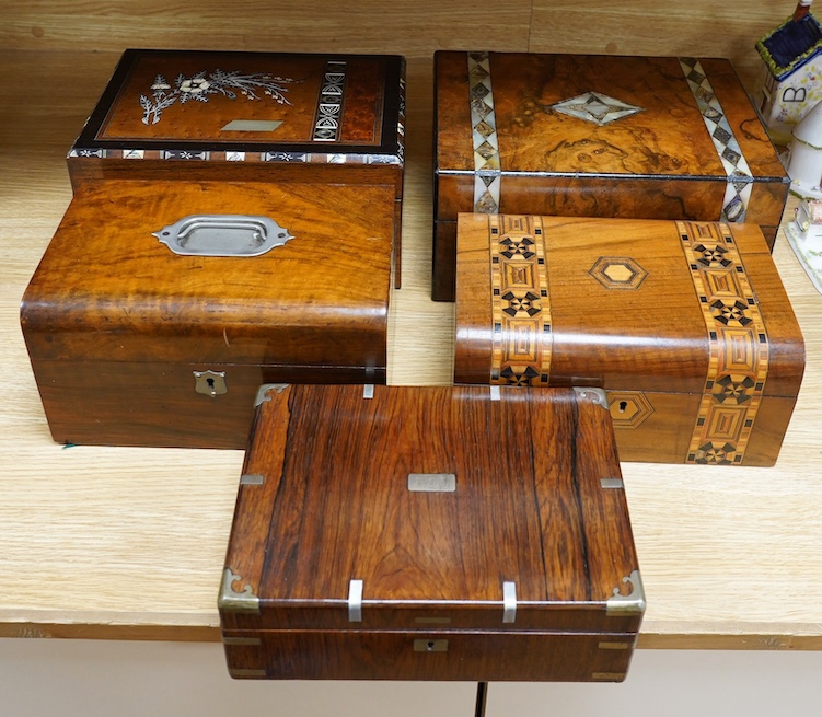 A rosewood military box, a mother-of-pearl inlaid box, another similar box, an inlaid box and plainer box (5). Condition - fair to good